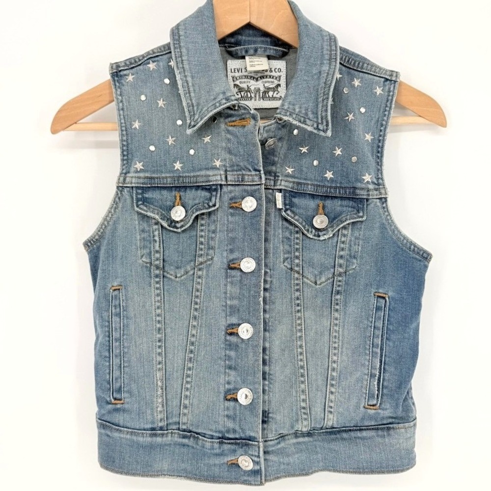 Levi's Womens Denim Star Studded Trucker Vest Blue XS Americana Edgy Indie Boho‎